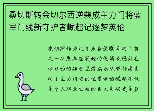 桑切斯转会切尔西逆袭成主力门将蓝军门线新守护者崛起记逐梦英伦